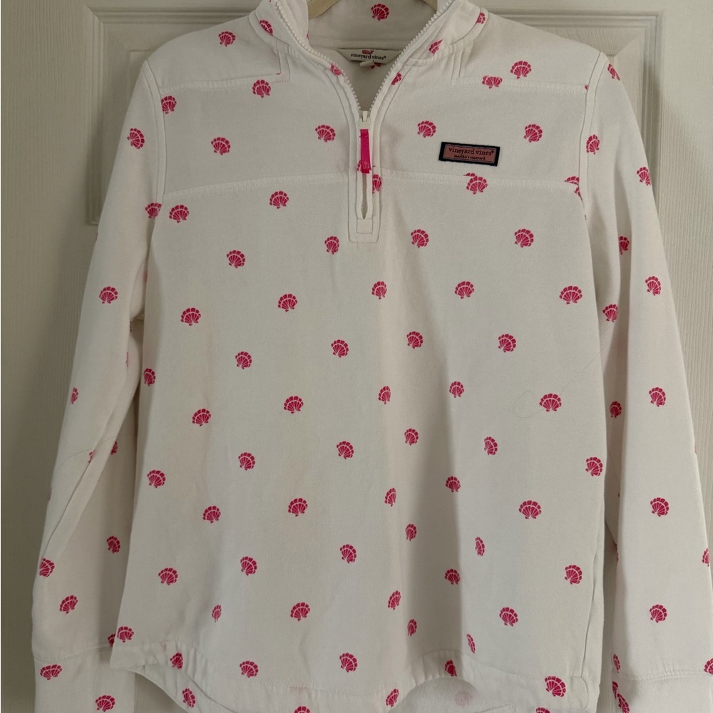 Vineyard Vines White Half-Zip Logo Pullover with Pink Shell Print